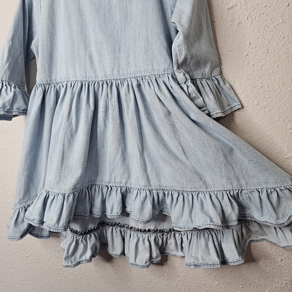 RuffleButts Top Toddler Girl 4T Blue Denim Chambray Ruffle Hi‎ Low Bell Sleeve - Picture 8 of 14
